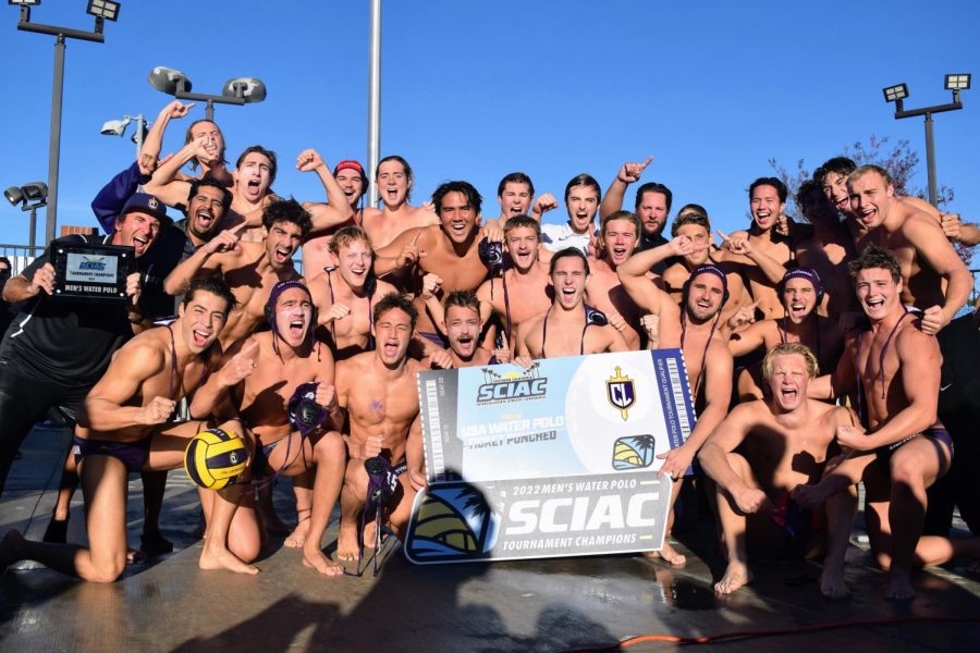The+Kingsmen+water+polo+team+celebrate+following+their+victory+in+the+SCIAC+tournament.