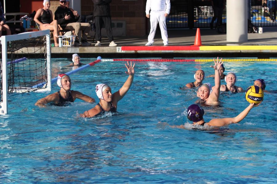 A+member+of+the+Regals+water+polo+team+lines+up+a+shot+on+goal.