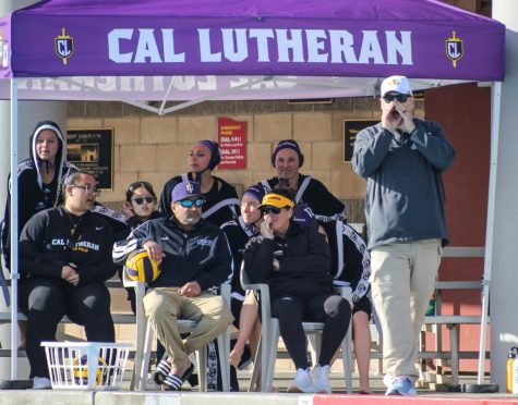 The temporary water polo coaching staff look on during the Regals game vs. Pomona-Pitzer