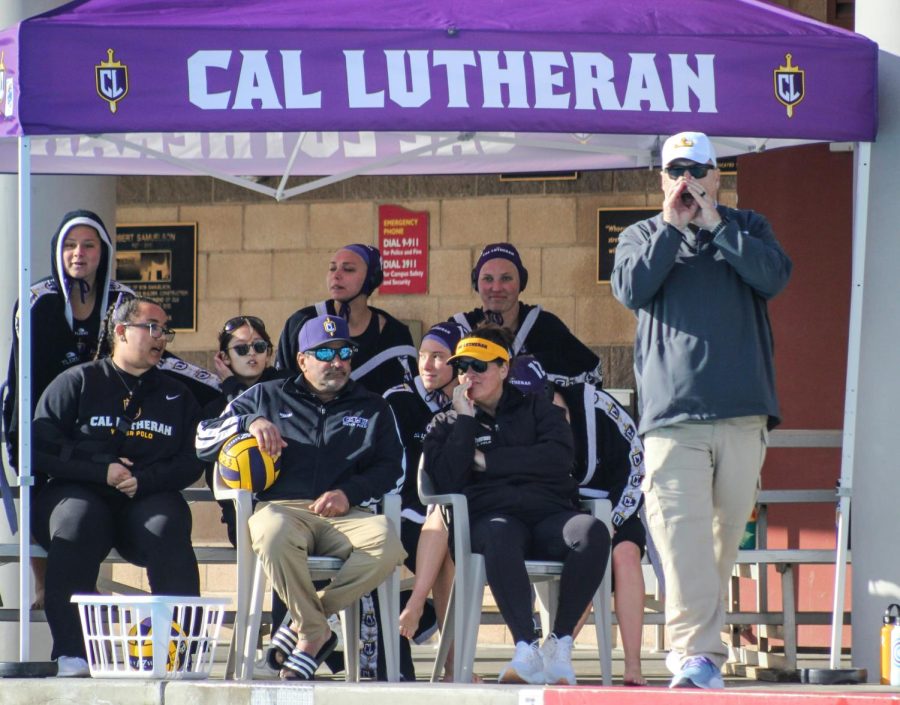 The+temporary+water+polo+coaching+staff+look+on+during+the+Regals+game+vs.+Pomona-Pitzer