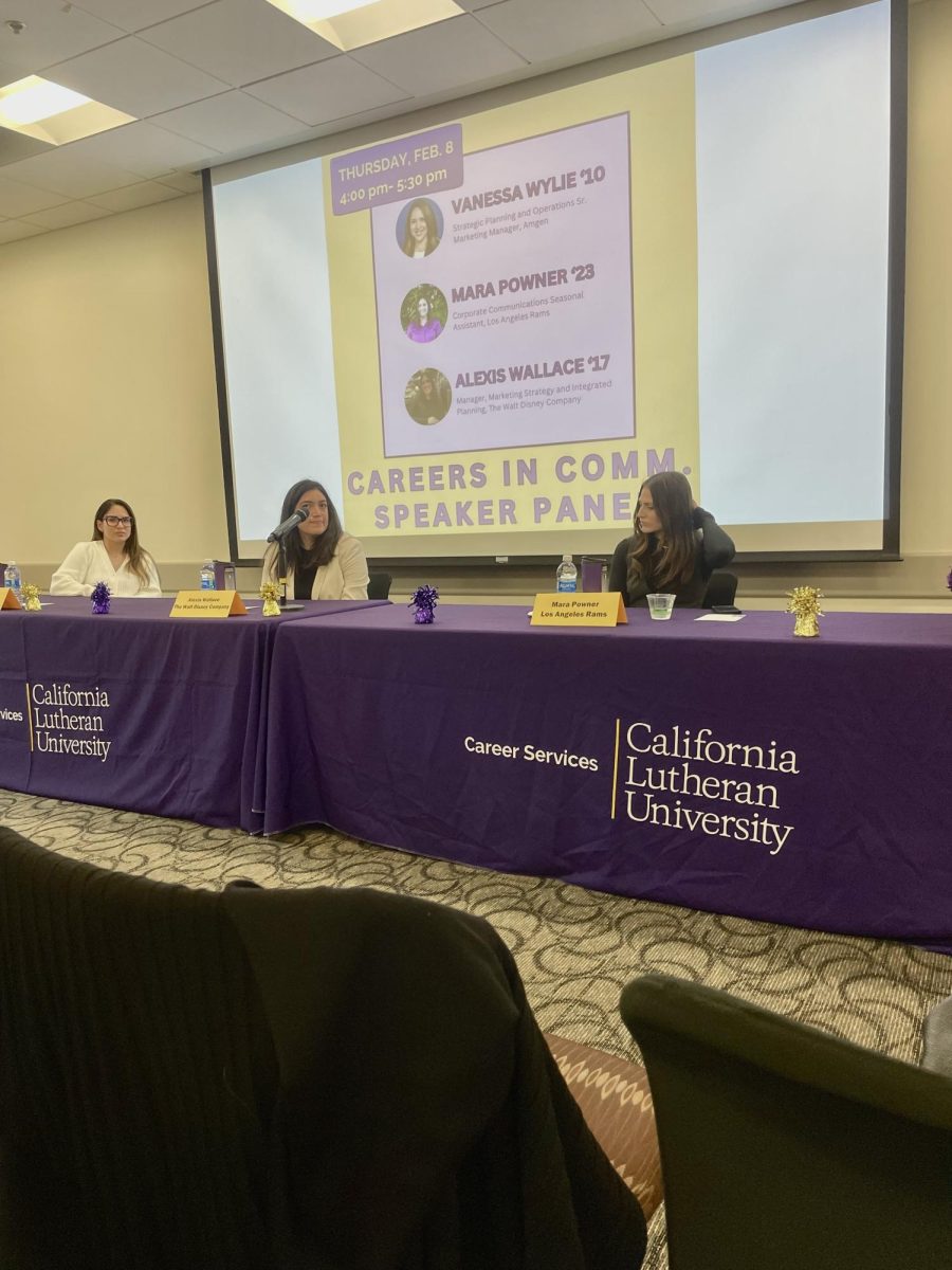 California Lutheran University alumnae, Vanessa Wylie, Alexis Wallace, and Mara Powner shared their experiences working in communications during the Careers in Communication Speaker Panel on Feb. 8.