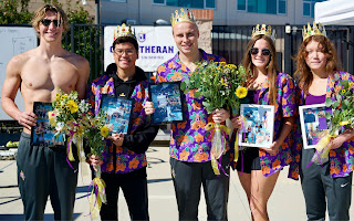Cal Lutheran Regals and Kingsmen swim and dive celebrate senior day with (from left to right) Collin Spargur, Kyle Denson, Cole Weiderman, Nektaria Anagnostou, and Alice Peterson
