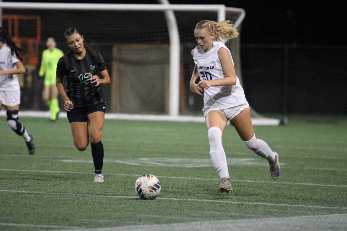 Defender Tessa French getting the ball away from the penalty area during Saturday’s matchup vs La Verne. 