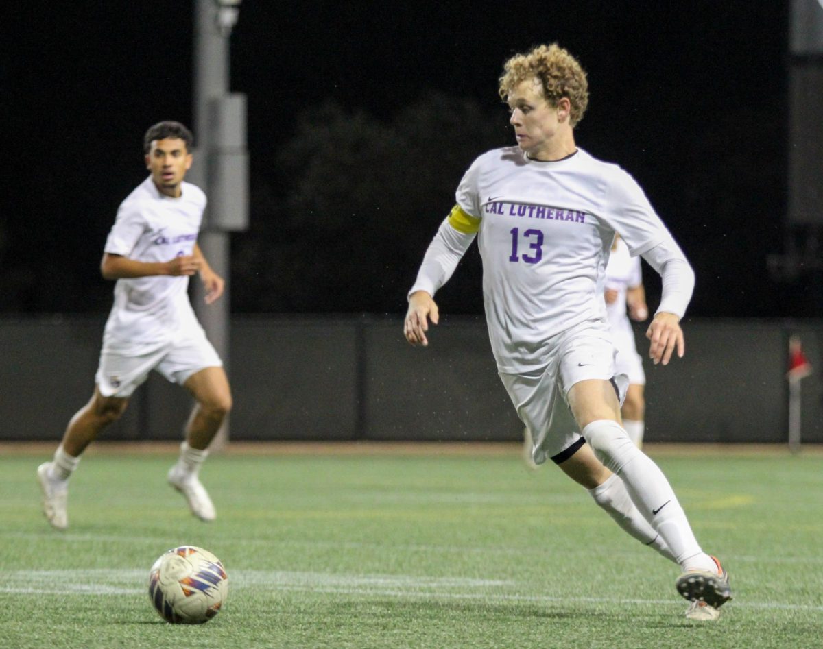 Senior defender Preston Fleming looking for an opening during Tuesday’s matchup vs Chapman.