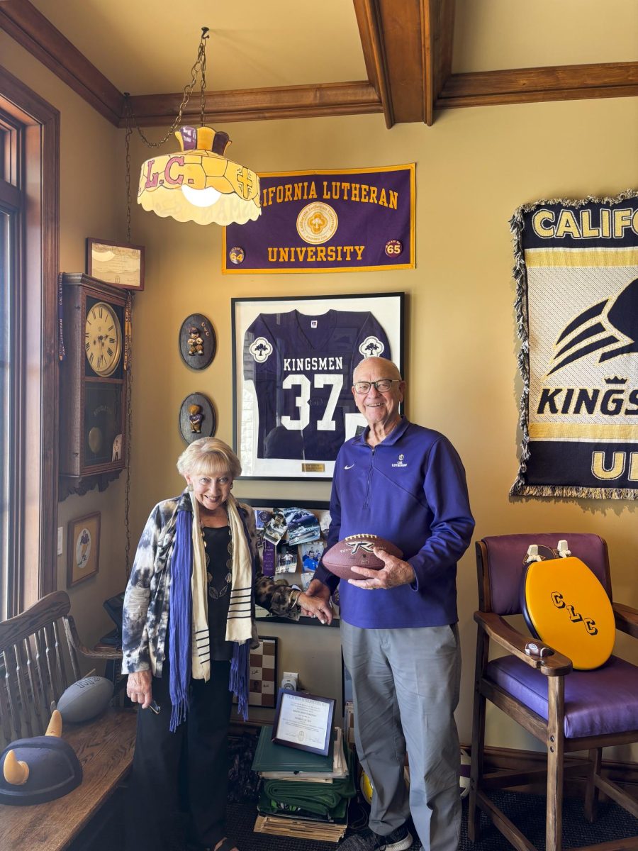 Karsten and Kirsten Lundring in their Cal Lutheran-themed room.