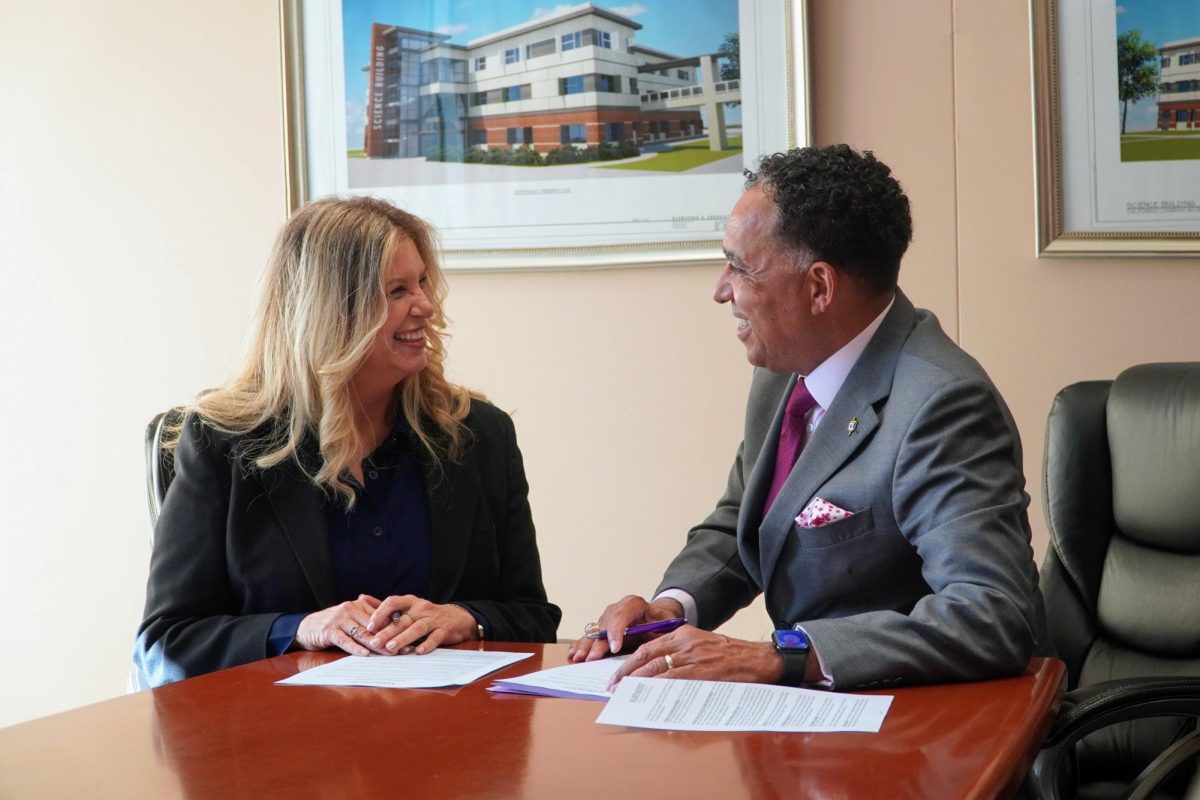 Executive director of the Marymount Education Foundation Robyn Jones meets with California Lutheran University Interim President John A. Nunes to announce the partnership. 