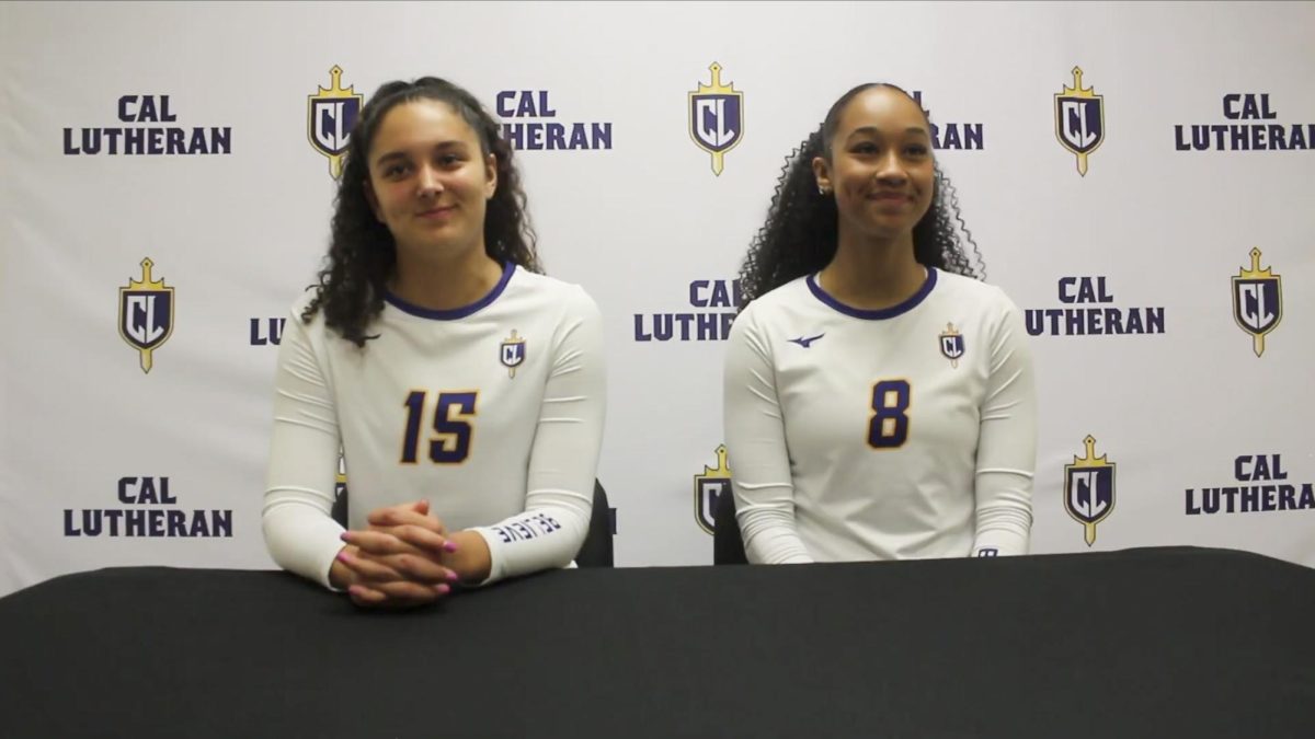 Regals volleyball players, first-year Madeline Magnani (left) and junior Aby Tibesar (right), were the first student-athletes to be interviewed in the new press room.  