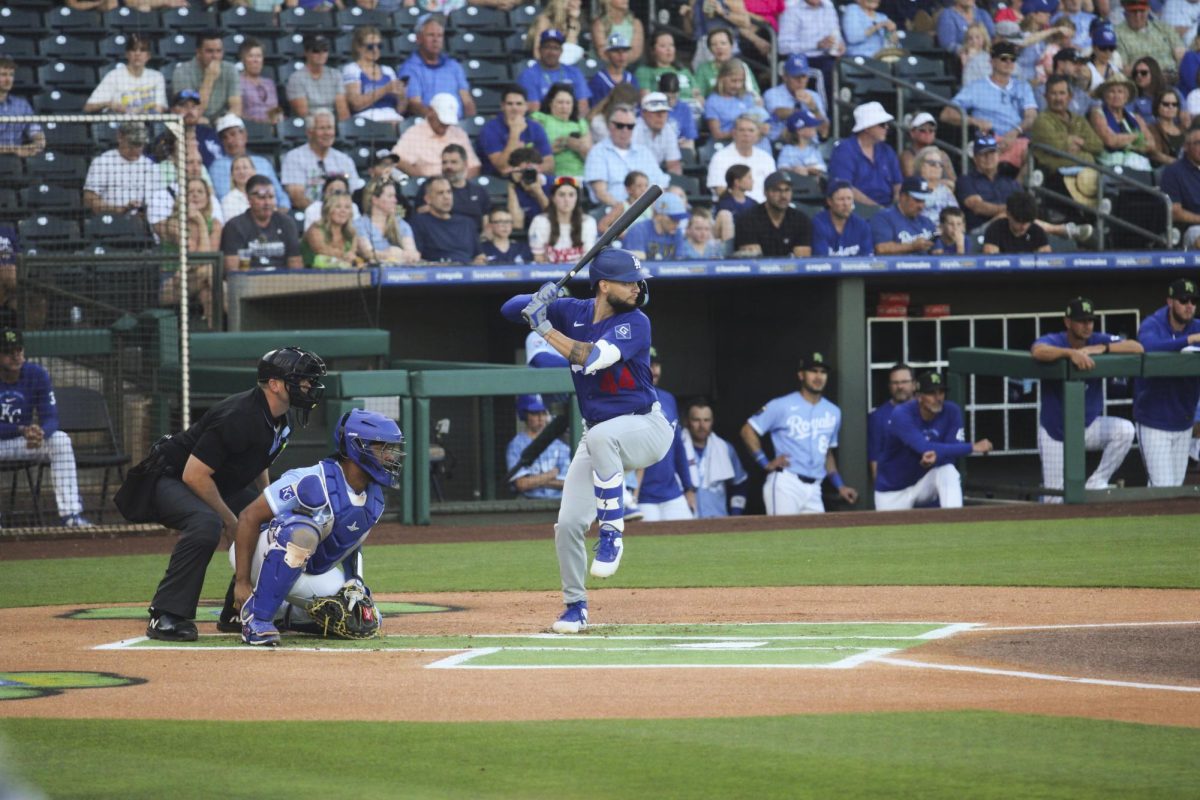 Andy Pages, Dodgers star outfield, loads his swing against the Kansas City Royals.