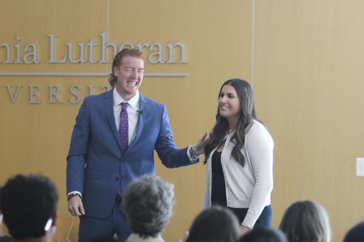 Senior Victoria Ruiz delivers a speech on panic attacks, composed in adjunct professor JD Slajchert's storytelling course on Thursday, April 30.